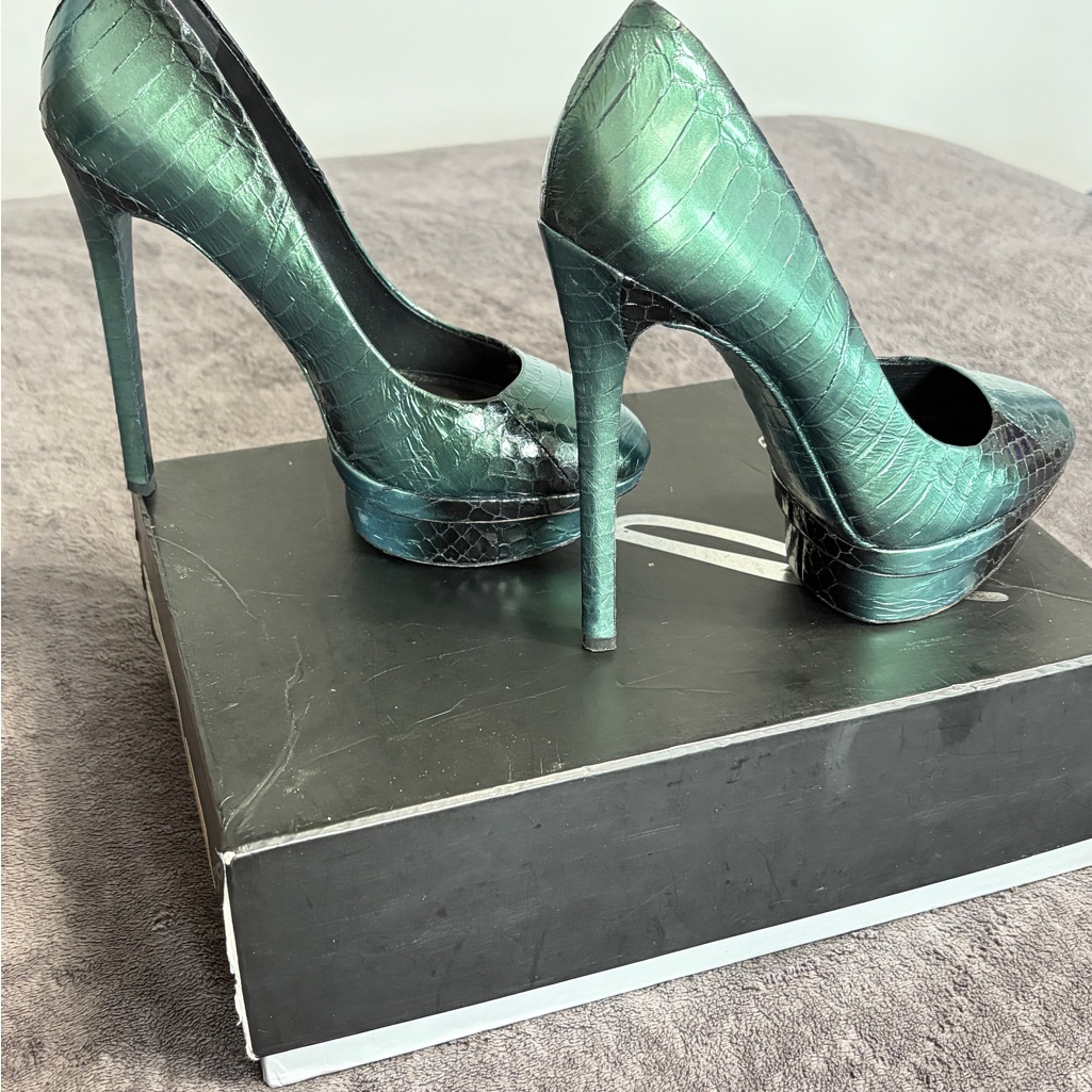 Brian Atwood Iridescent Green CrocEmbossed Platform Stilettos